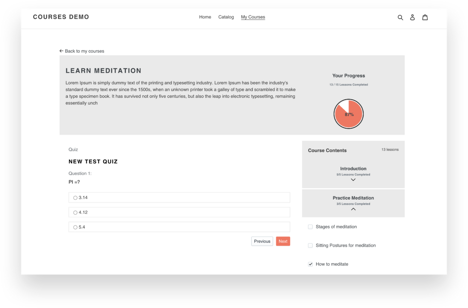 Screenshot of Courses app for Shopify that shows a course page with sections and lessons