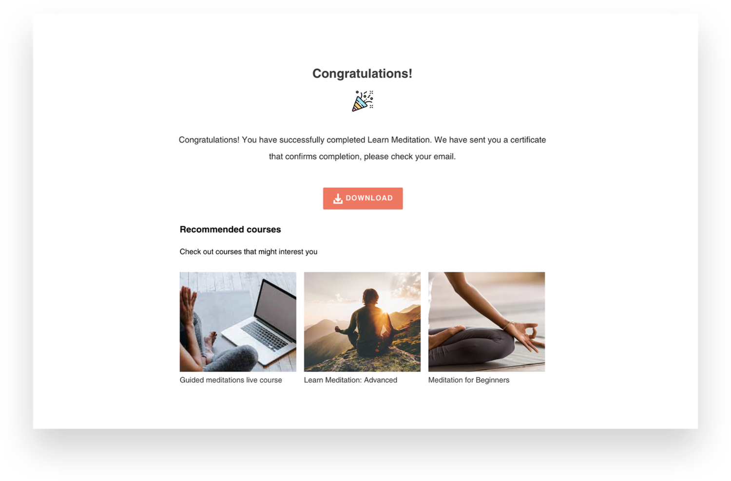 Screenshot of Courses app for Shopify that shows thank you page (after completion of courses)